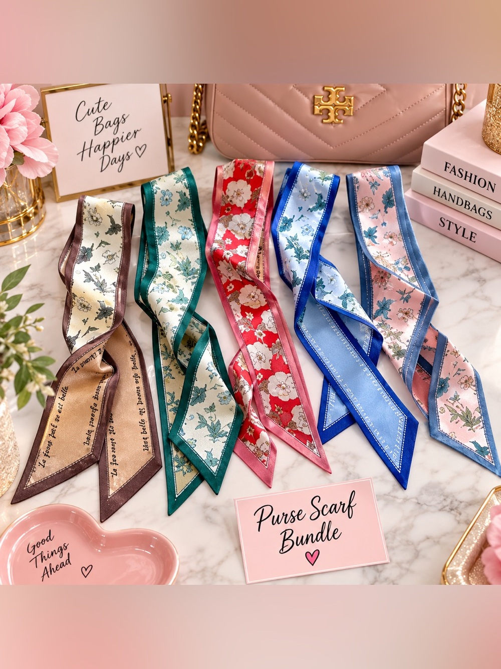 Purse Scarf Bundle - Pink, Blue, Green, White Patterned Twilly Scarves